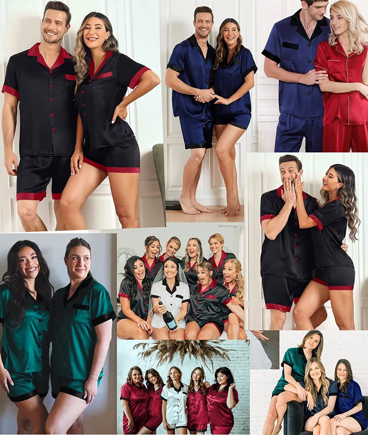 SWOMOG Couples Matching Pajama Set Silk Satin Short Sleeve Pjs Set Top and Shorts Sleepwear Soft Button-Down Loungewear - Image 5